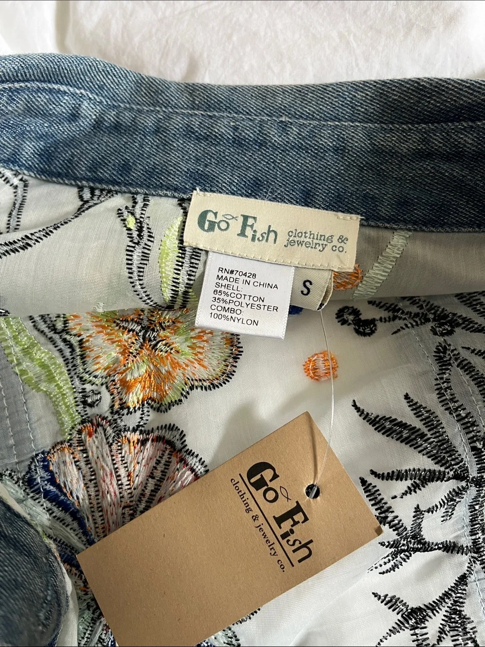 Go Fish Organza Embroidered Jean Jacket small floral mesh sheer jacket spring - Picture 5 of 6